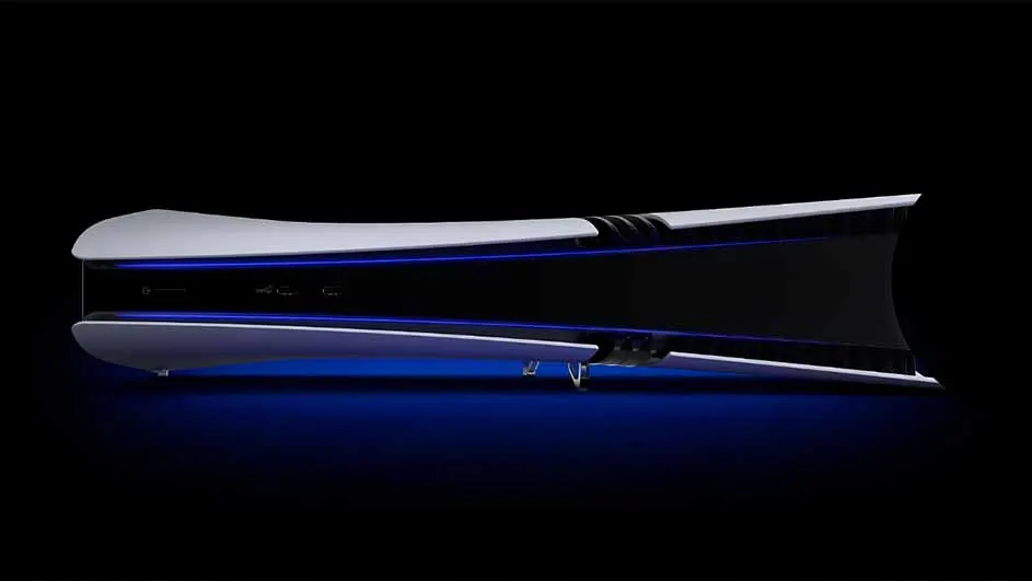 Een Playstation 5 console ligt horizontaal met blauwe accentverlichting tegen een zwarte achtergrond.