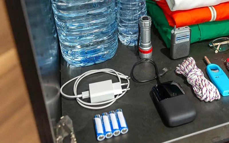 Supply cabinet with water bottles, flashlight, radio, power bank, chargers, batteries, rope, and folded clothes.