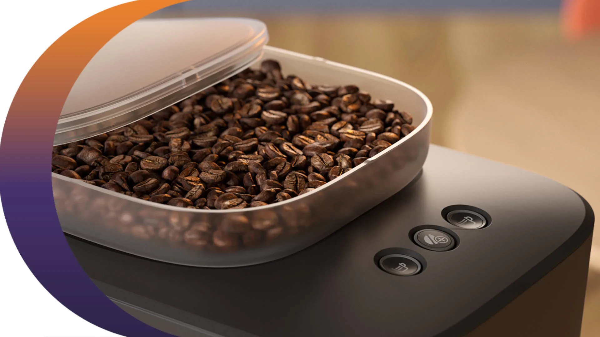 Een grijze koffiemachine met knoppen, met een doorzichtige bak vol bruine koffiebonen erop.