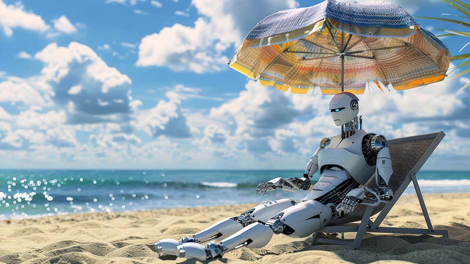 Een witte robot zit op een strandstoel onder een parasol aan zee, met een blauwe hemel en witte wolken.