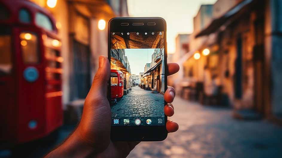 Een hand houdt een telefoon vast die een straat met gebouwen en een rode bus toont, met lantaarns op de achtergrond.