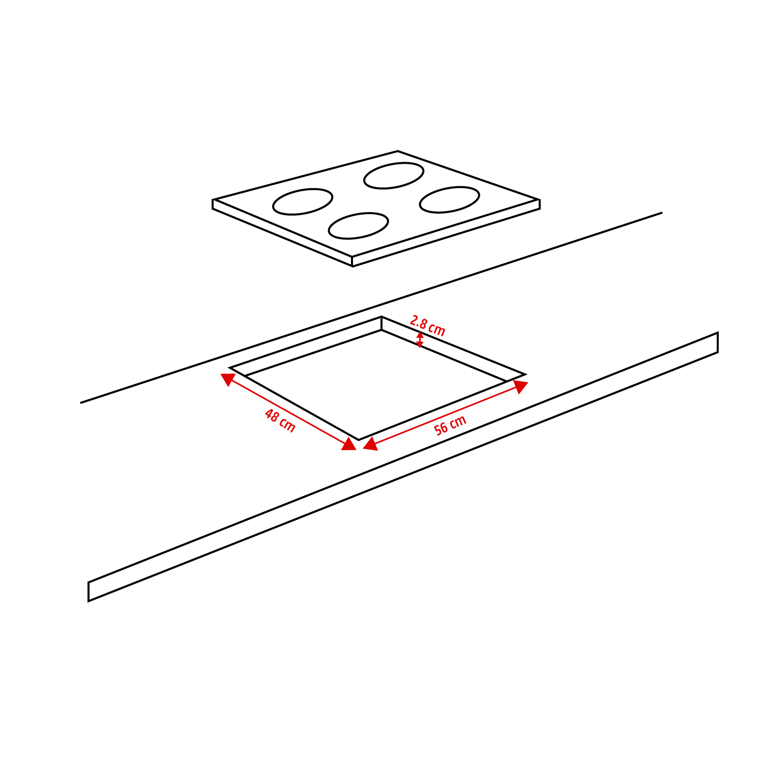 Een schematische weergave van een kookplaat met vier zones boven een uitsparing in een aanrechtblad, voorzien van maatvoering in centimeters.