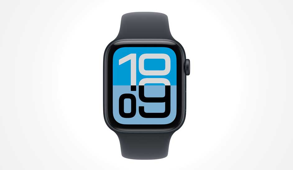 Black smartwatch with bold digital face, blue blocks and oversized numbers filling almost the entire screen.