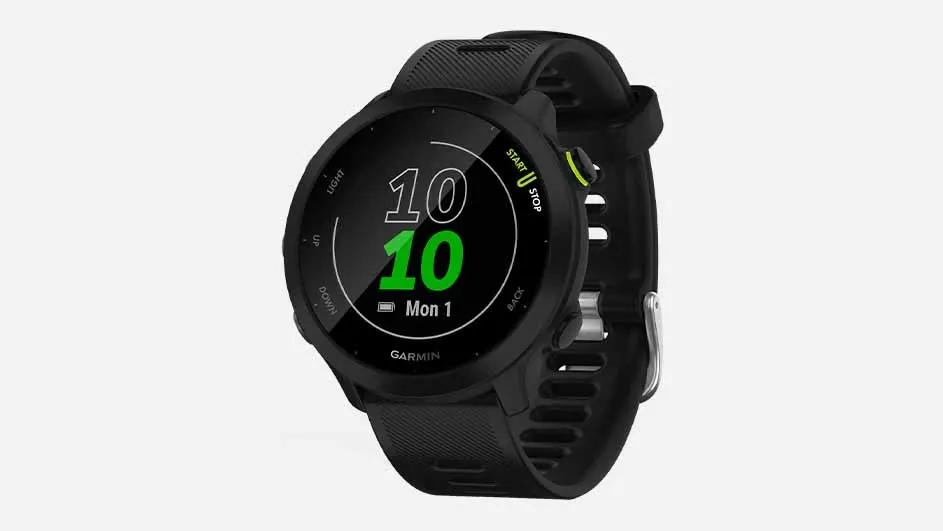 Een zwarte Garmin-smartwatch toont de tijd 10:10 en de datum maandag 1 op een witte achtergrond.