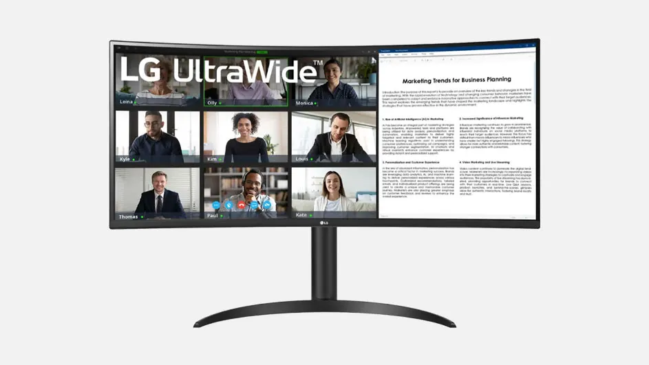 Een zwarte LG UltraWide monitor toont een video conference call en een marketing trends document tegen een witte achtergrond.