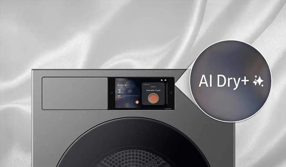 Close‑up van grijze droger met rond raampje en kleurenscherm, cirkelvergroting benadrukt AI Dry+ functie tegen zachte, golvende stofachtergrond.