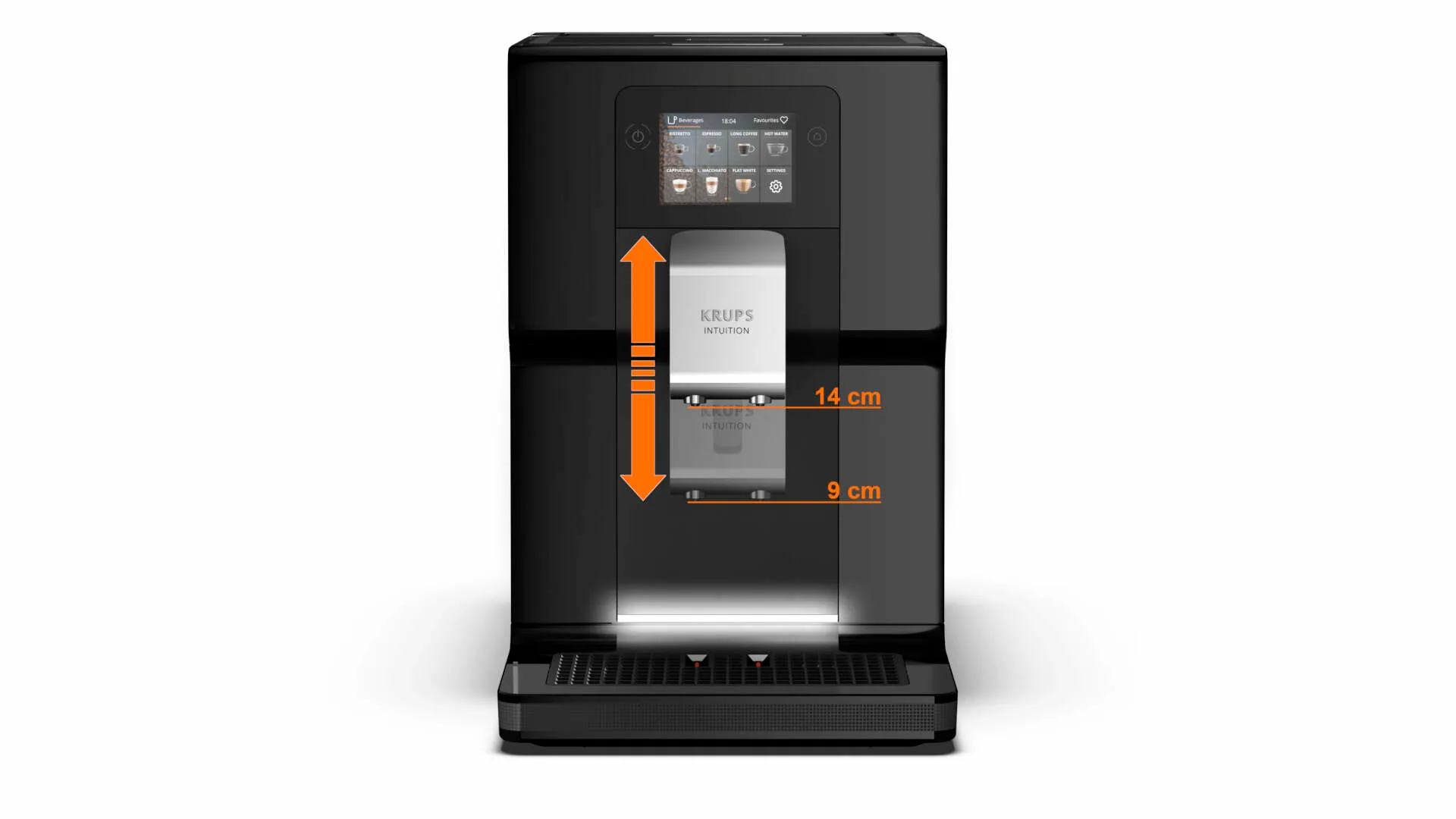 Zwarte Krups Intuition koffiemachine met een LCD-scherm en afmetingen aangegeven met oranje pijlen en tekst.