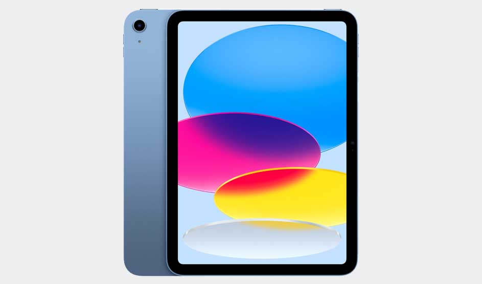 Op de afbeelding zie je een blauwe Apple iPad met kleurrijke ovalen op het scherm in blauw, roze, geel en wit tegen een lichte achtergrond.