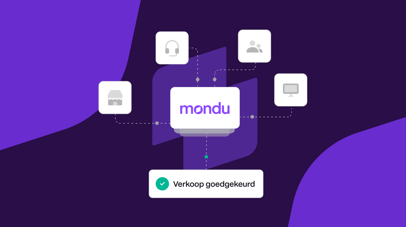 Paarse achtergrond met witte iconen: winkel, headset, personen, computer en 'Verkoop goedgekeurd' onder 'mondu' logo.
