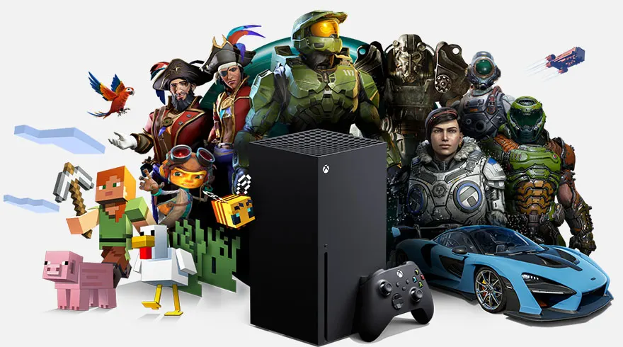 Xbox Series X met controller, blauwe sportauto, Minecraft figuren en gamekarakters op een witte achtergrond.
