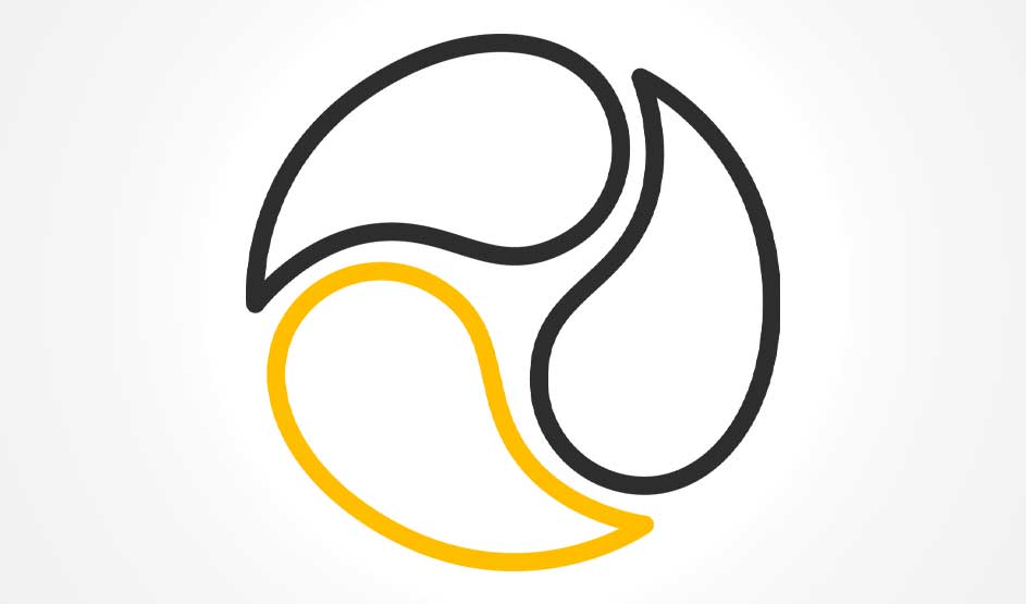 Een abstract rond logo met drie vloeiende vormen: twee in zwarte contour en één in geel, die samen een draaiende beweging suggereren.