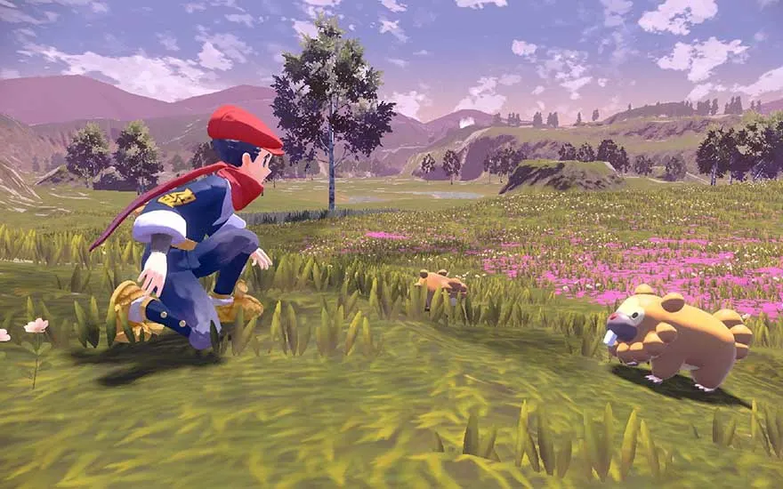 A crouching trainer in old style gear approaches two Bidoof in a vast purple tinted valley of grass, flowers and distant hills beneath a gentle sky.