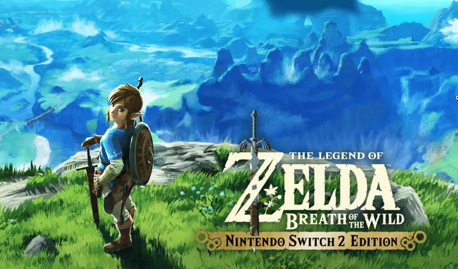 Link staat met schild en zwaard op een grasheuvel en kijkt uit over een groot landschap in The Legend of Zelda van het merk Nintendo.