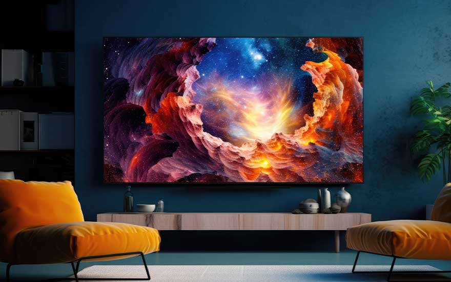 Dark, modern living room with two bright orange chairs, a large TV on a blue wall displaying a vivid cosmic scene.