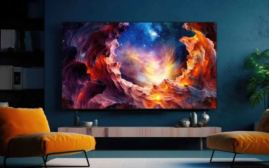 Dark, modern living room with two bright orange chairs, a large TV on a blue wall displaying a vivid cosmic scene.