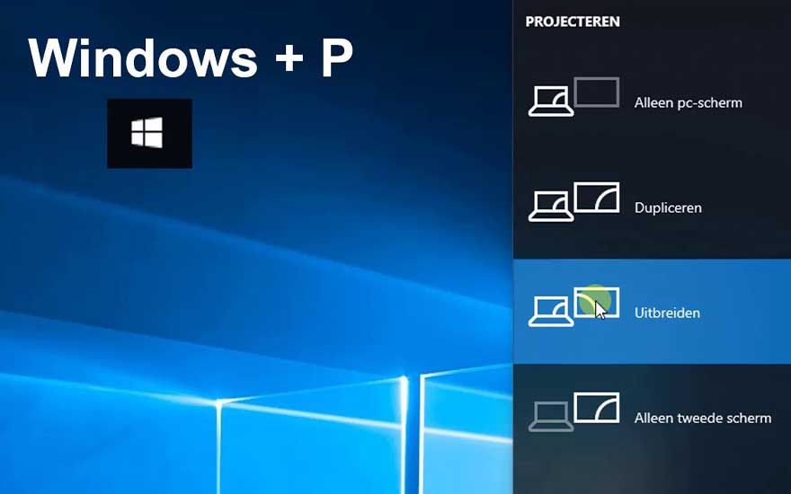 Een Windows-scherm toont de sneltoets Windows + P met projectieopties zoals dupliceren, uitbreiden en tweede scherm.