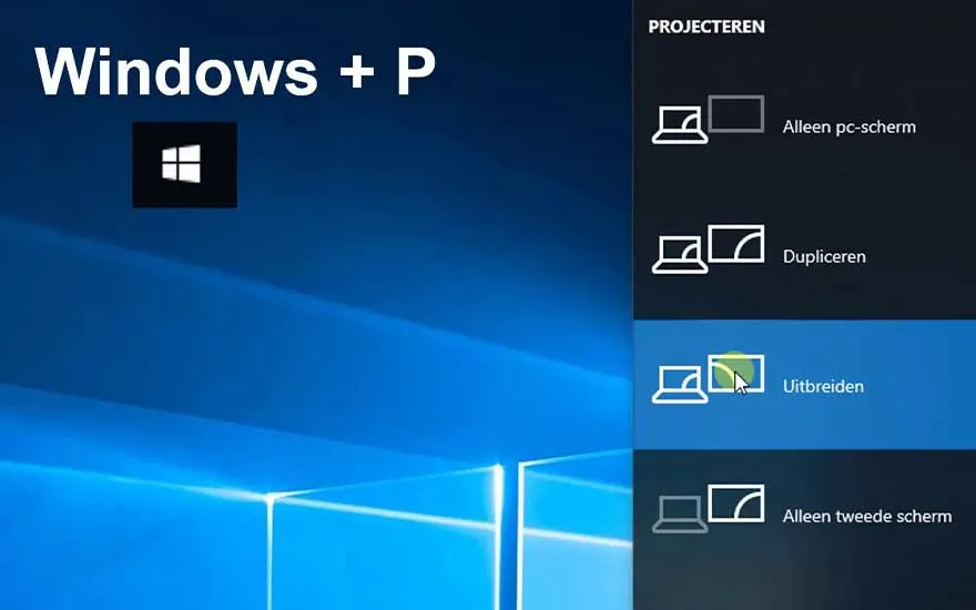 Een Windows-scherm toont de sneltoets Windows + P met projectieopties zoals dupliceren, uitbreiden en tweede scherm.