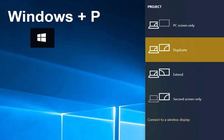 A Windows screen shows the Windows + P shortcut with projection options such as duplicate, extend and second screen.