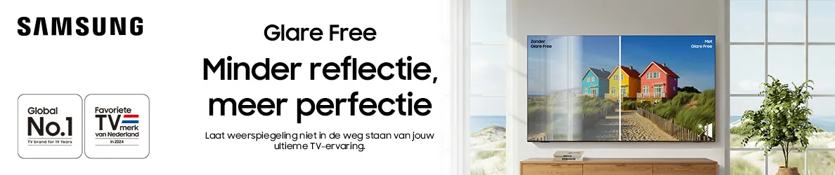 Samsung reclamebanner met de tekst "Glare Free – Minder reflectie, meer perfectie", waarin een televisie wordt getoond die een strandtafereel weergeeft met links zonder en rechts met anti-reflectie technologie.