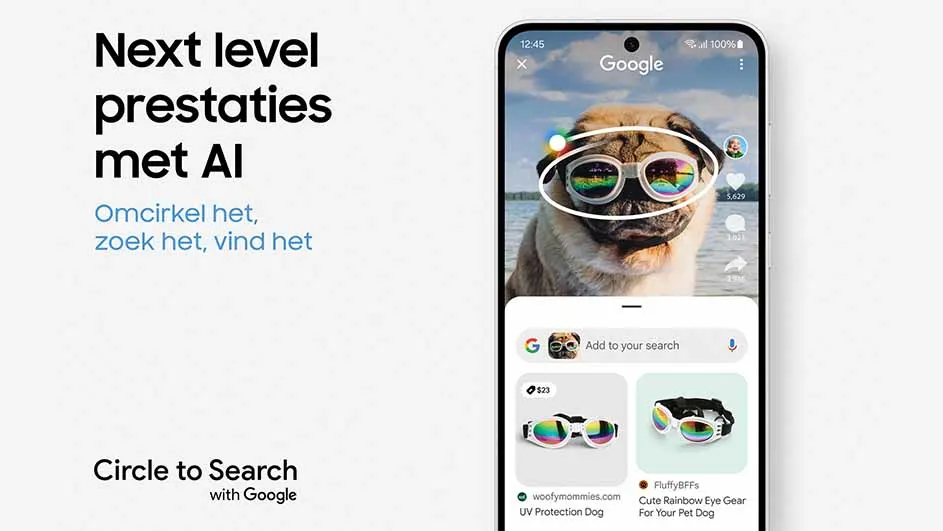 Mobiele telefoon toont Google Lens die een mops met een bril zoekt, omcirkeld voor een zoekopdracht.