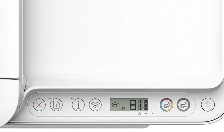 Bedieningspaneel van een witte HP printer met display, inktniveaus en wifi-indicator, plus ronde knoppen voor functies en aan/uit.