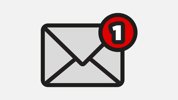 Grijze envelop met zwarte rand en een rode cirkel rechtsboven met het cijfer 1 in wit.