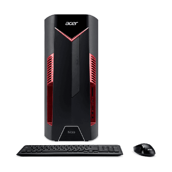 Een zwarte Acer computer toren met rode accenten, een zwart toetsenbord en een zwarte muis op een witte achtergrond.