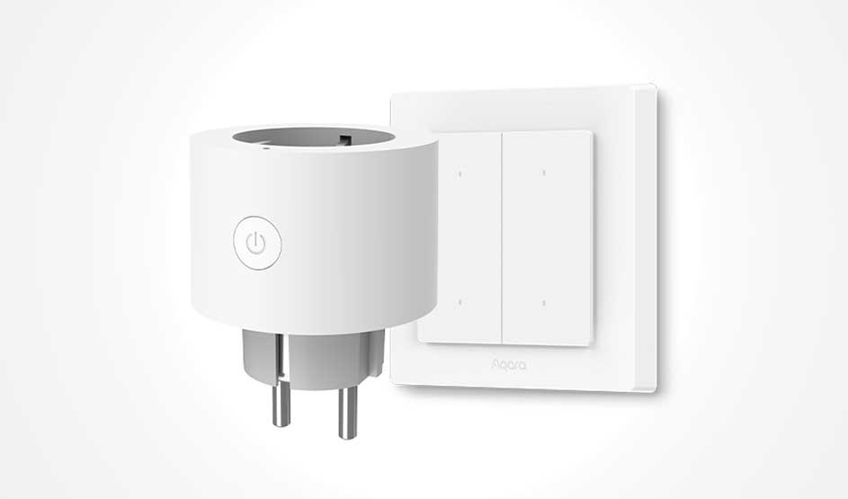 A white smart plug and a double Aqara wall switch are shown in a clean product image against a light background.