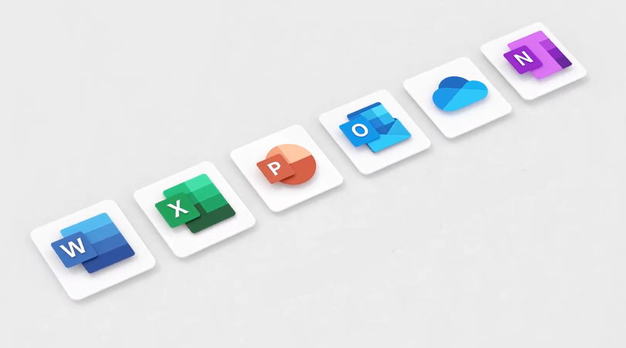 Zes pictogrammen van Microsoft-apps, waaronder Word, Excel, PowerPoint, Outlook, OneDrive en OneNote, op witte vierkanten.