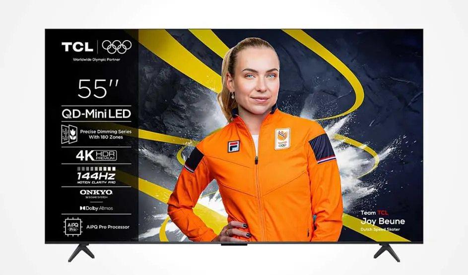 A TCL 55" QD-MiniLED television displays Joy Beune, Dutch speed skater in orange Olympic kit. Specs: 4K HDR, 144Hz, 180 dimming zones. Worldwide Olympic Games Partner. Yellow and black design accents.