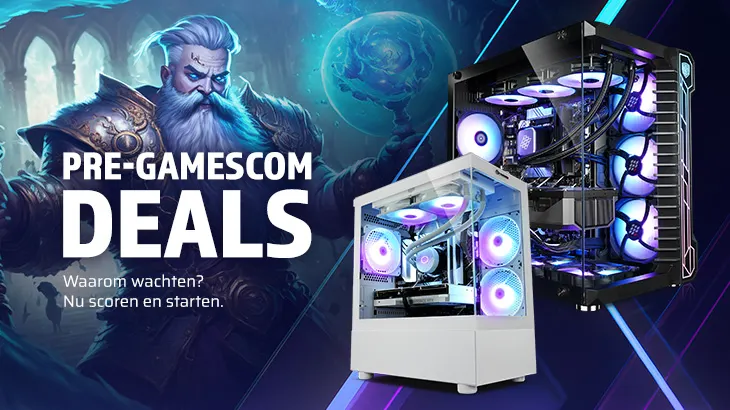 Twee krachtige gaming-pc’s met opvallende RGB-verlichting voor een fantasie-achtige achtergrond en de tekst "Pre-Gamescom Deals".