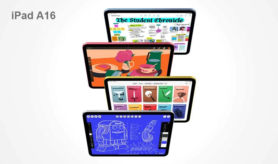 Vier iPads zweven in een stapel; elk toont andere inhoud zoals een schoolkrant, illustraties, boekcovers en een blauwe robottekening, met “iPad A16”.
