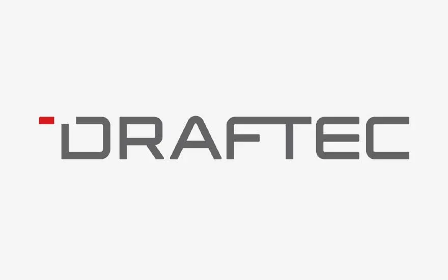 Strak Draftec logo in grijze, hoekige letters met een klein rood accent, dat een technische en nauwkeurige uitstraling oproept.