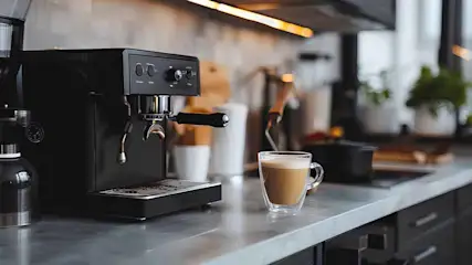 Een zwarte koffiemachine staat naast een helder glazen kopje koffie op een aanrecht, met keukengerei op de achtergrond.