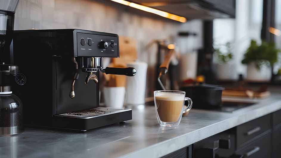 A black espresso machine sits next to a clear mug of coffee on a kitchen counter, with cabinets and utensils in the background.