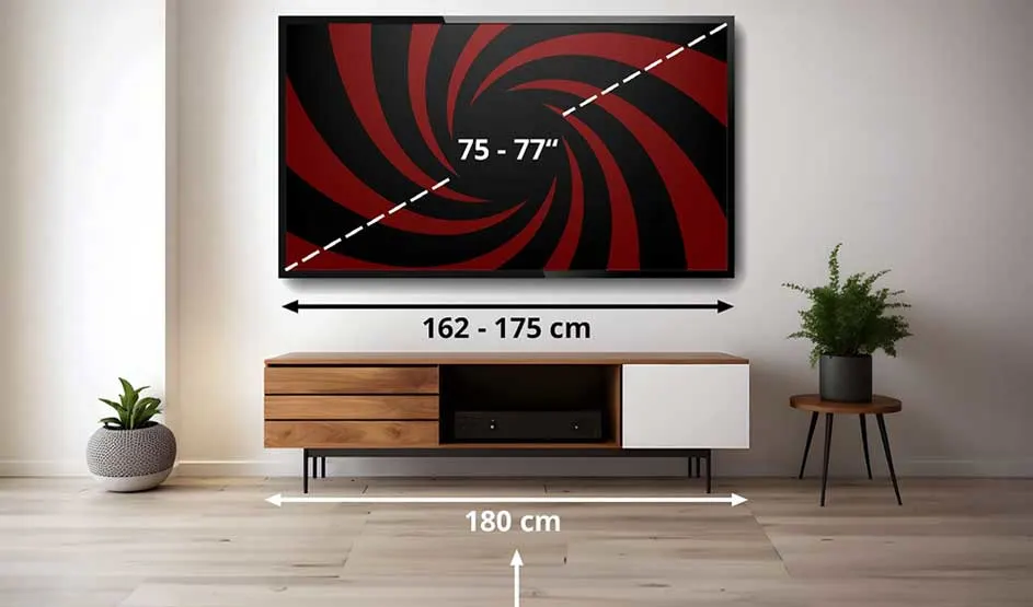 A large TV with size measurements hangs on the wall; below it stands a low cabinet in a minimalist living room with plants.