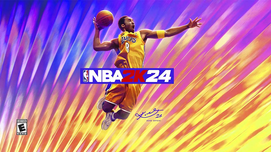 Basketballspeler in geel Lakers-shirt met bal, NBA 2K24 logo, paarse en gele achtergrond.