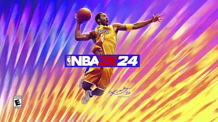 Basketballspeler in geel Lakers-shirt met bal, NBA 2K24 logo, paarse en gele achtergrond.