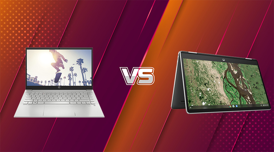 Twee laptops staan tegenover elkaar, gescheiden door de letters "VS", op een rood-paarse achtergrond.