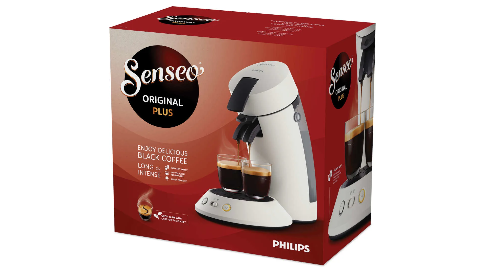 Doos met Senseo Original Plus koffiezetapparaat, met twee glazen zwarte koffie. De doos is rood en wit met zwarte tekst.