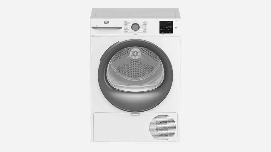 Vooraanzicht van een witte Beko RecycledDry warmtepompdroger met een donkergrijze ronde deur, zichtbare trommel en een bedieningspaneel met draaiknop en digitaal scherm.