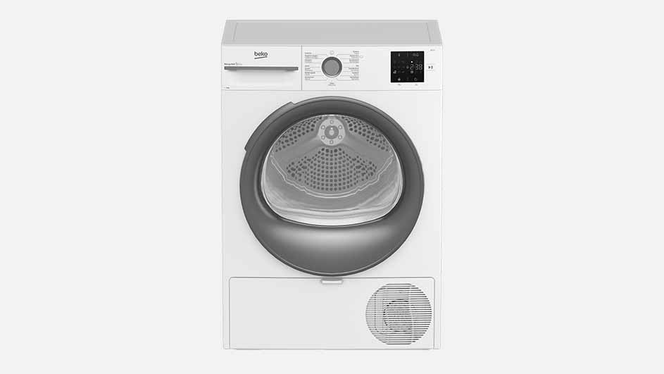 A white Beko tumble dryer with a large round black door, control knob, and digital display is shown on a plain background, ready for drying.