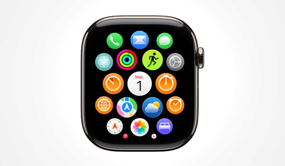 Close-up van een Apple Watch-scherm vol kleurrijke ronde app-iconen rond een centrale datumcirkel met “Mar. 1” in het wit.