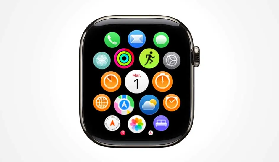 Close-up van een Apple Watch-scherm vol kleurrijke ronde app-iconen rond een centrale datumcirkel met “Mar. 1” in het wit.