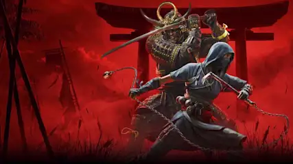 Een samoerai met een zwaard staat achter een ninja met kettingen voor een rode achtergrond met een poort.