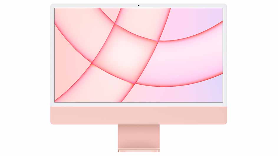 Een roze iMac met een abstract roze scherm staat tegen een witte achtergrond.