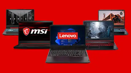 Vijf laptops van de merken Lenovo en MSI op een rode achtergrond. Op de schermen zijn verschillende logo's en computergames te zien.