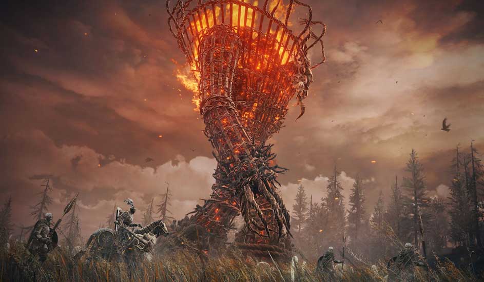 This is a video game. In Elden Ring by Bandai Namco, warriors approach a giant burning tower in a dark, eerie landscape filled with dead trees.