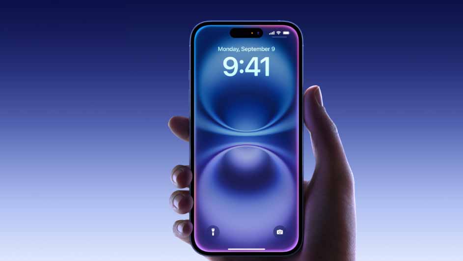 Een hand houdt een telefoon vast met een blauw abstract achtergrondscherm en de datum maandag 9 september 9:41.