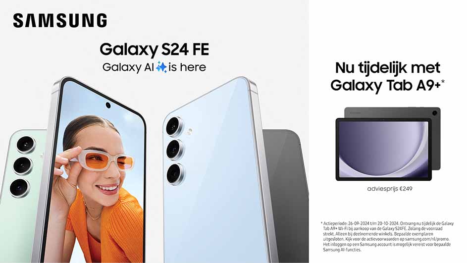 Drie Samsung Galaxy S24 FE telefoons in groen en blauw, naast een Galaxy Tab A9+ tablet.